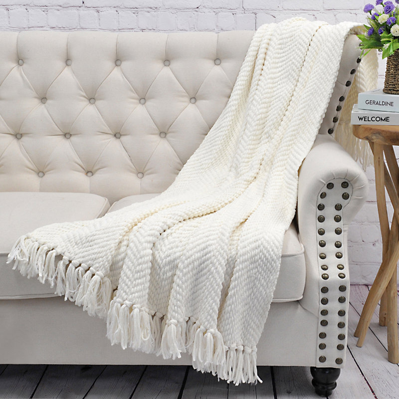 Jeté en tricot de tweed, Blanc antique, 60 po x 80 po