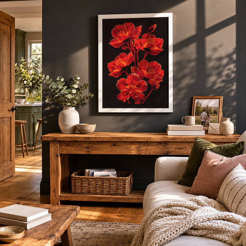 Vibrant Red Blooms Botanical - Framed Print, A3 - 42.0 x 29.7 cm, White