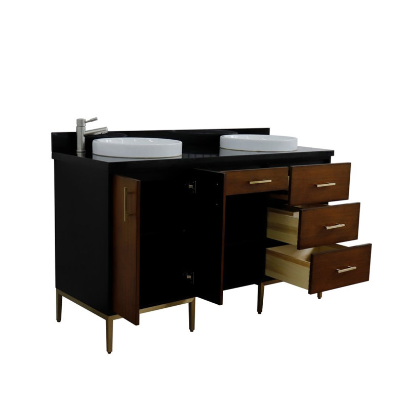 61'' Double Bathroom Vanity with Granite Top, Black
