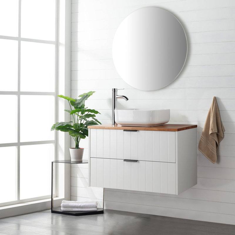 Meuble-lavabo de 32 po avec deux tiroirs, armoire blanche, finition en bois massif naturel, lavabo et miroir carrés, conception moderne et ronde facile à installer