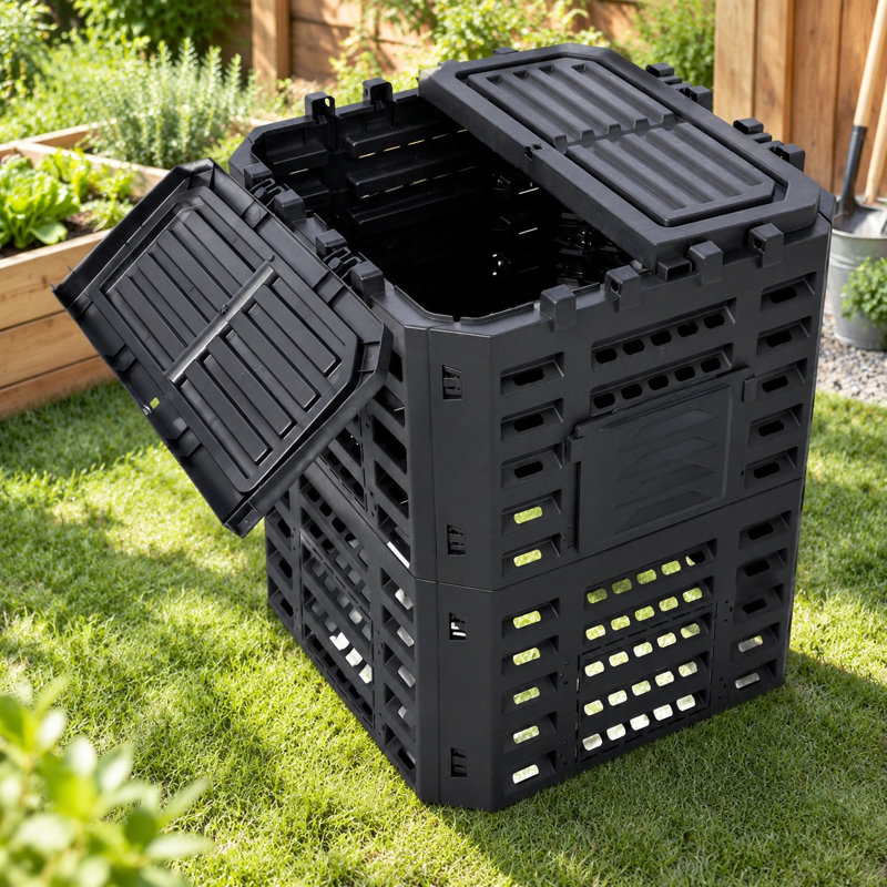 90-Gallon Black Recycled Plastic Garden Composter Bin, Large Outdoor Compost Box