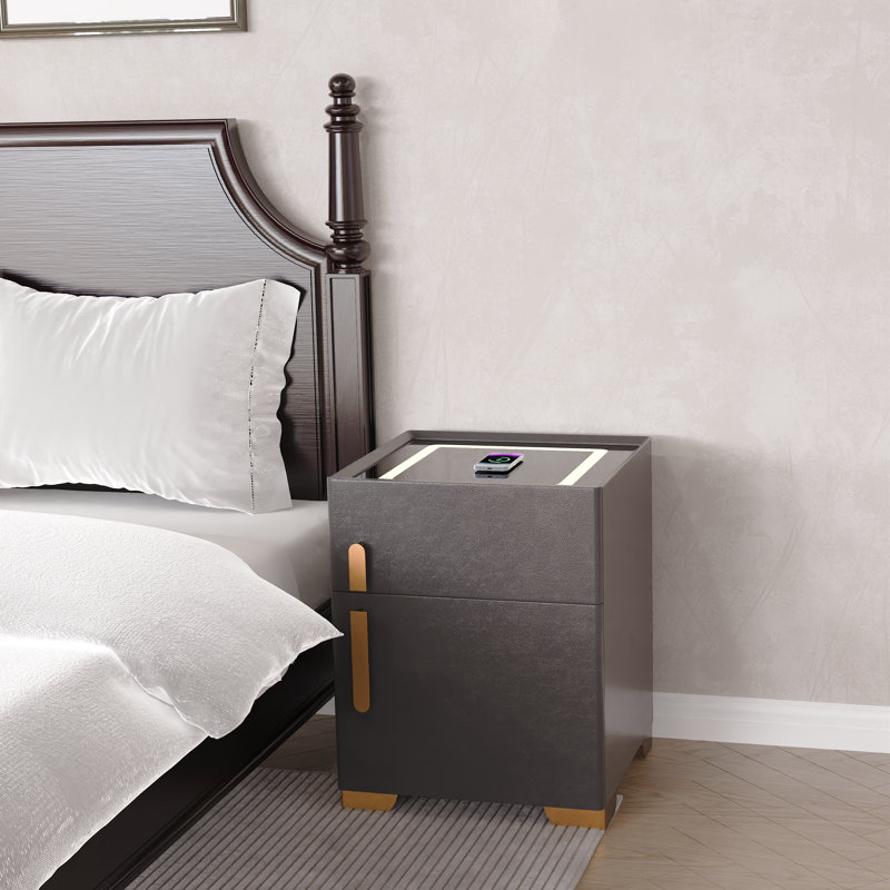 Modern Nightstand With Safe Box And Led Lights And Wireless Charge, Dark Grey