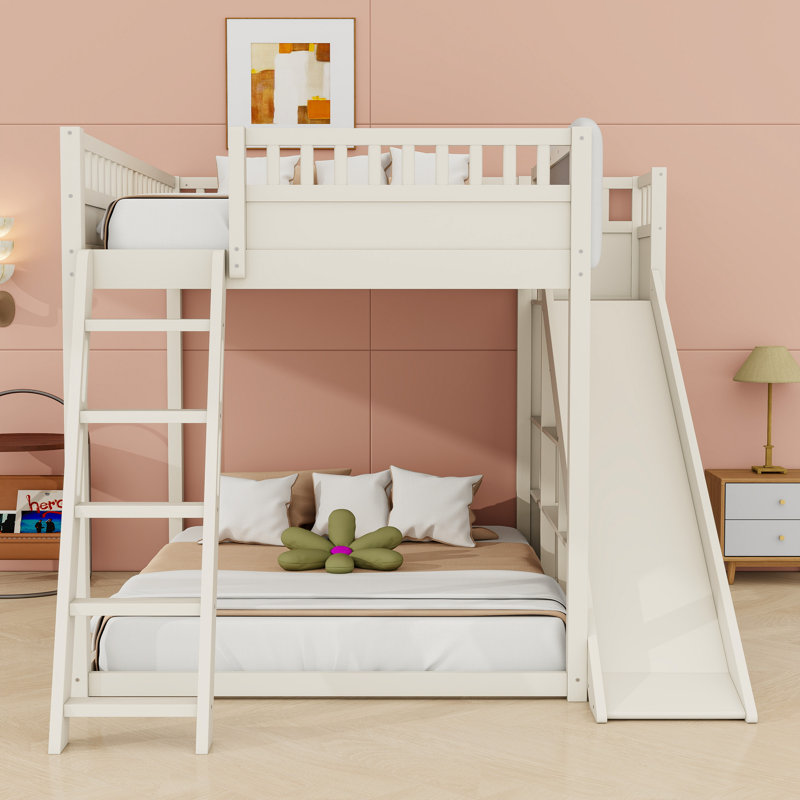 Lit mezzanine avec glissoire, échelle et tablettes de rangement, Grand lit, Beige