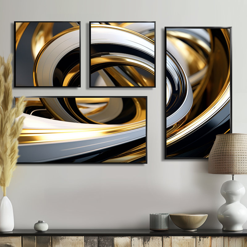 Liquide or noir et blanc tourbillonnant dimension I - abstrait spirales murales 4 pièces, Noir