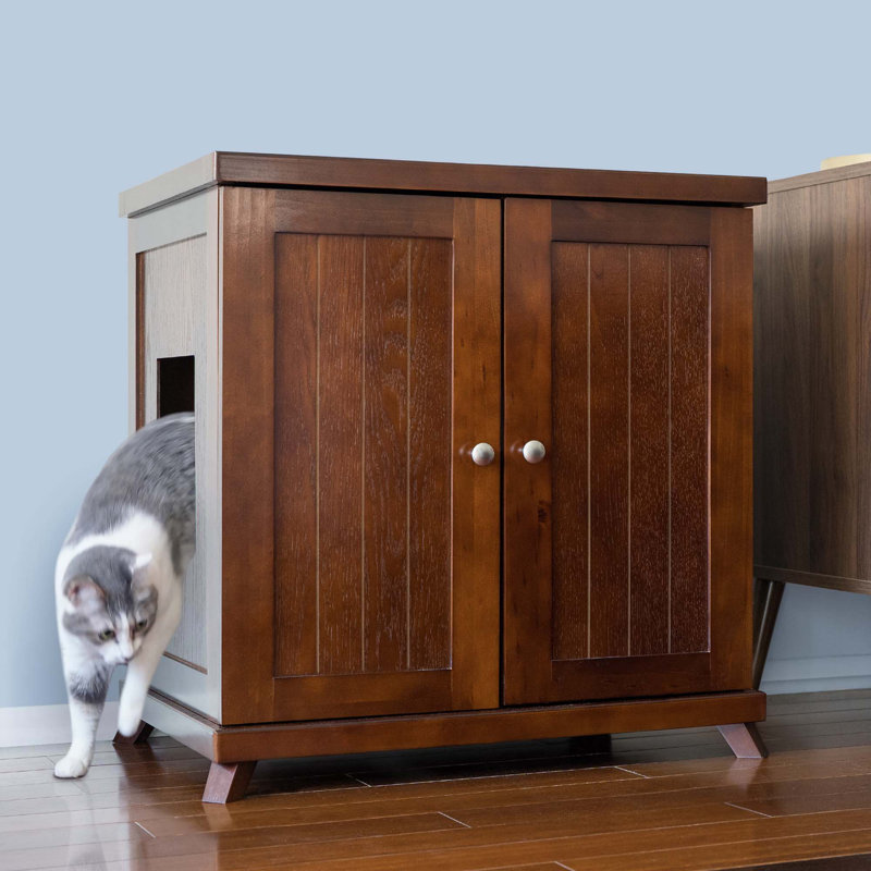 The Refined Litter Box - Wood Cat Litter Box Enclosure Cabinet with Drawer, Cottage Style + Feet, Mahogany, Large, Square