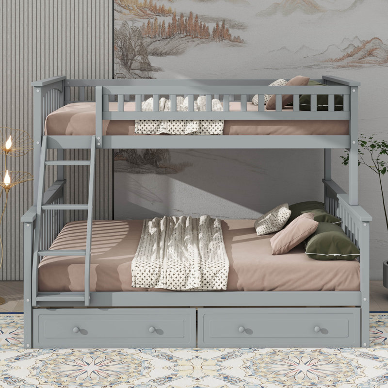 Lit simple superposé au dessus d'un lit double avec tiroirs, lits convertibles, Gris