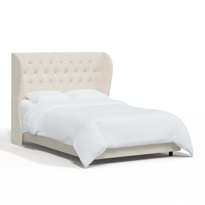 Lit tapissier capitonné standard à profil bas Tomey, Très grand, Lin blanc texturé Zuma