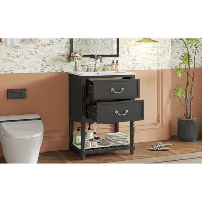 Meuble-lavabo de 24 po avec lavabo en céramique, deux tiroirs, rangement ouvert, motif à vagues rétro, style rétro Palace, trou d'évier, tablette de robinet de 8 po, vague élégante, concept, brillant