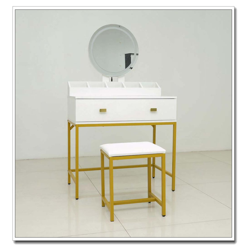 Ensemble de coiffeuse avec miroir et tabouret, tiroirs de rangement et organisateur, blanc et or