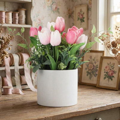 Real Touch Artificial Tulips In Glass Vase With Faux Water, Rose Red Centerpiece