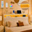 Lit plateforme moderne capitonné avec tête de lit de rangement, éclairage DEL et ports de chargement USB, tiroir au pied du lit, sommier métallique silencieux, beige-672043953