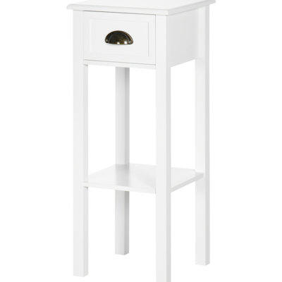 White 2 Side Table With Drawer. Offers Extra Room For Plants, Photos. Elegant End Bedroom, Living Room. Constructed From Stable . Equipped Toppling Me