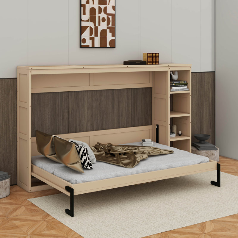 Lit escamotable double avec bibliothèque, Naturel, Double