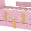 Lit plateforme double rose avec tiroirs de rangement, structure en bois massif, rail et tablette pour garde-corps en pin