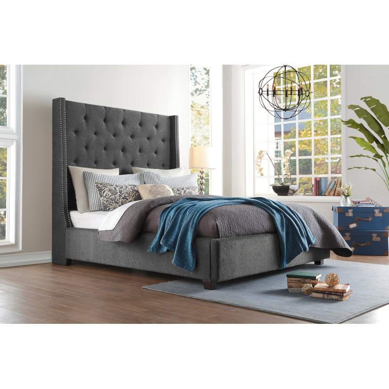 Lit plateforme tapissier Landreneau, Gris, Grand