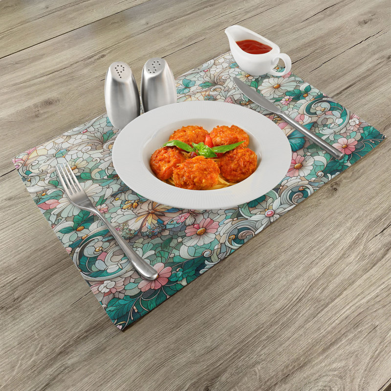 Aqua Blush Off White Spring Butterfly Polyester Placemats Set of 4