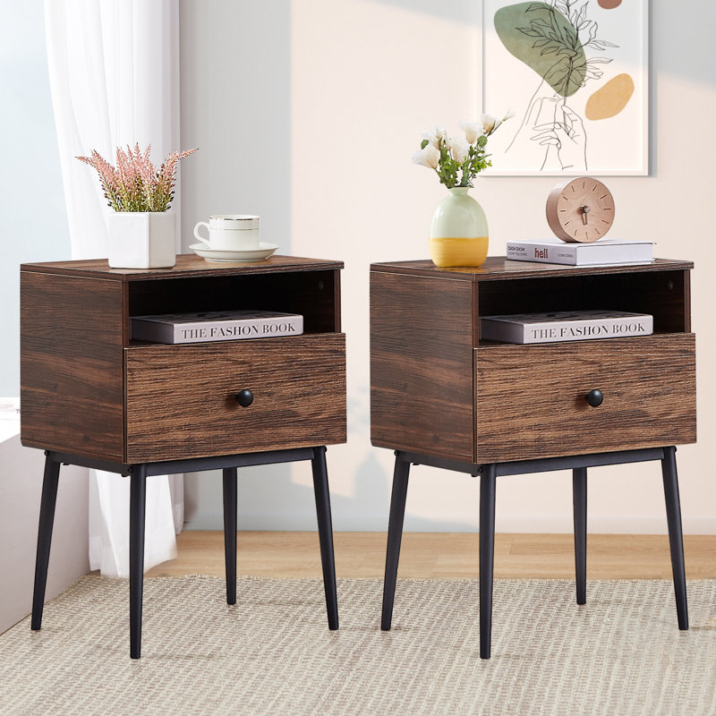 Ensemble de 2 tables de chevet brun avec tiroir et tablette ouverte, petites tables de chevet / tables d'appoint étroites pour chambre à coucher, salon, dortoir, appartement, entrée, bureau, tables de bout modernes avec rangement pour petits espaces