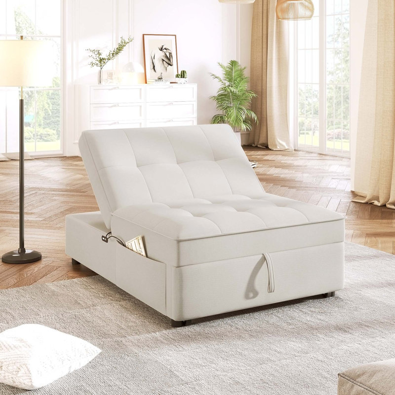 Versatile Folding Ottoman Bed with Storage and USB Port for Various Rooms, White Linen