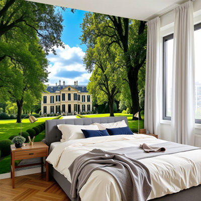 Peel and Stick Wallpaper 96" W x 69" H Modern Self Adhesive Wall Mural for Bedroom Elegant Mansion Surrounded by Greenery Symmetrical Pathway