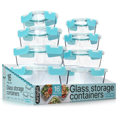 Contenant alimentaire en verre borosilicaté Bakken avec couvercles 16 pièces, contenant empilable sans BPA pour le déjeuner et les restes, va au micro-ondes, au congélateur et au lave-vaisselle, 100% étanche à l'air, Aqua