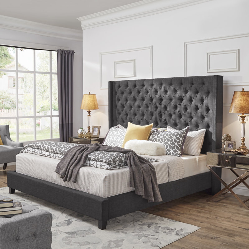 Kaster Tufted Upholstered Low Profile Platform Standard Bed, Heathered Dark Grey Linen, King