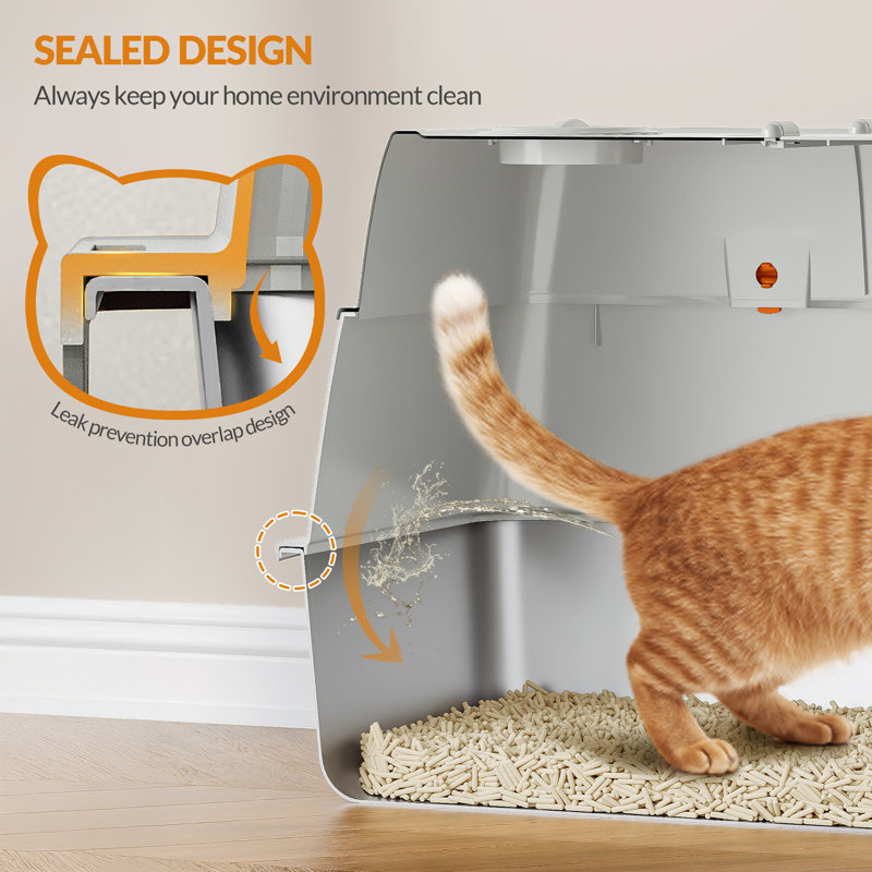 Stainless Steel Cat Litter Tray with Lid, Enclosed Cat Litter Box, 180° Hinged Lid, Includes Pedal and Scoop, Easy to Clean, Modular Design, 61 L x 41 W x 40 H cm 