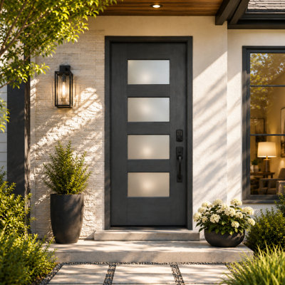 36” x 80” Contemporary 4-Lite Black Fiberglass Entry Door Slab – Left-Hand Inswing