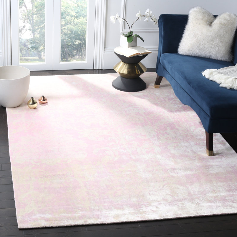 Tapis tibétain ivoire / rose en viscose / coton tissé à la main à motif damassé Andraz, Rectangle 9 pi x 12 pi