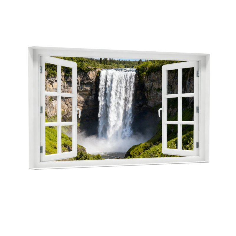 Paysage et nature vue d'une cascade à travers un cadre de fenêtre ouvert, H 24 po x l 36 po