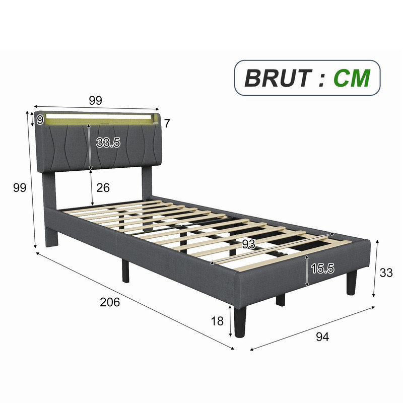 Upholstered Bed Frame, European Single (90 x 200 cm), Grey
