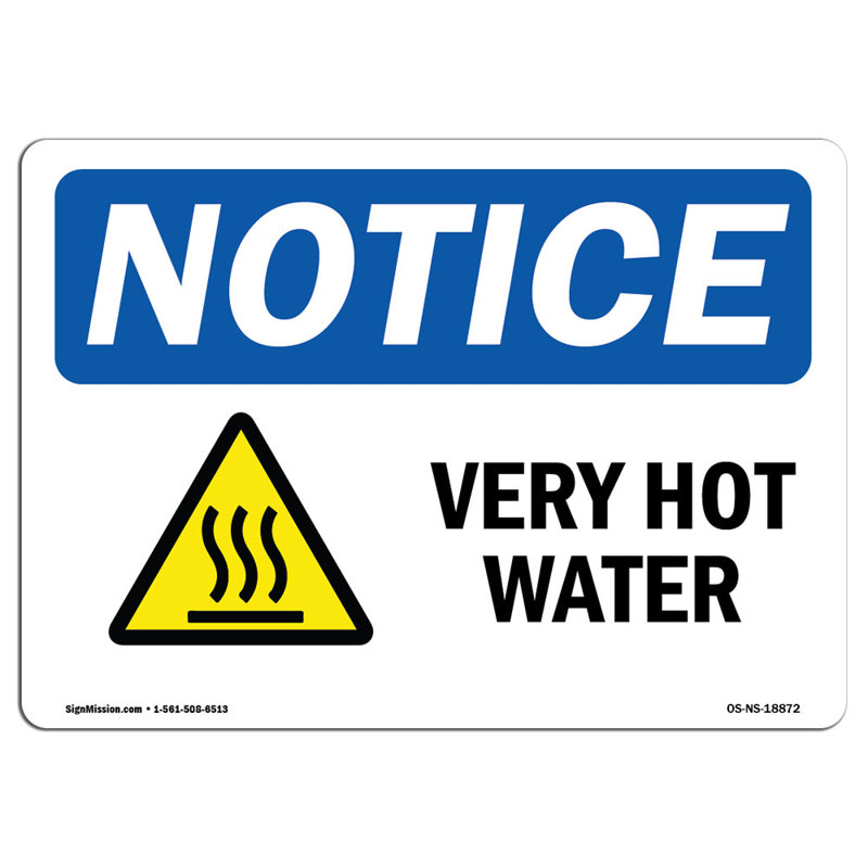 Osha avis très chaud signe de l'eau avec le symbole, H 12 po x l 18 po x P 0,1 po, Bleu / noir / jaune