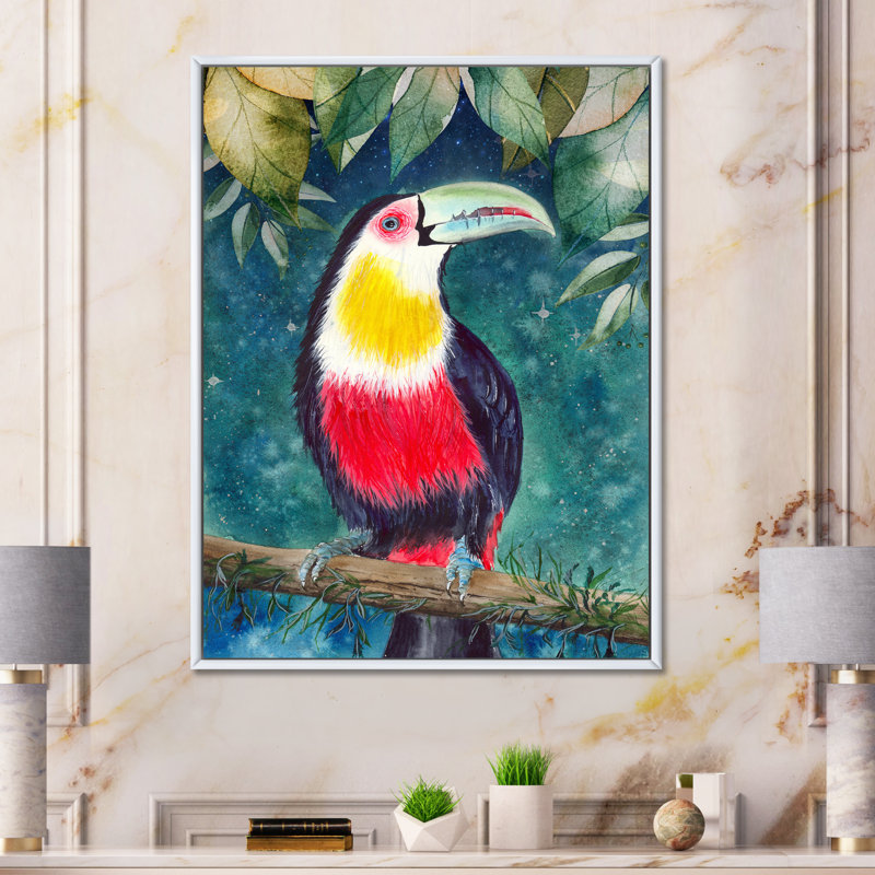 Toucan sur une branche d'arbre avec feuilles d'émeraude - reproduction sur toile, H 32 po x l 24 po x P 1 po