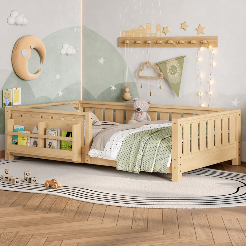 Twin bed with built-in bookshelf and high-quality safety guardrail,Light Natural, Twin, Light Natural