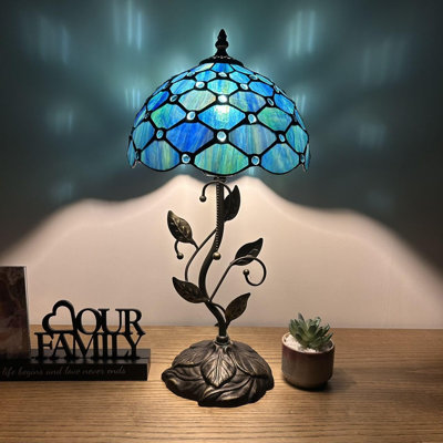 Haruko Tiffany Table Lamp Blue Stained Glass Crystal Beans Iron Metal Leaves Bronze Base LED Bulb 10"D*10"W*20"H