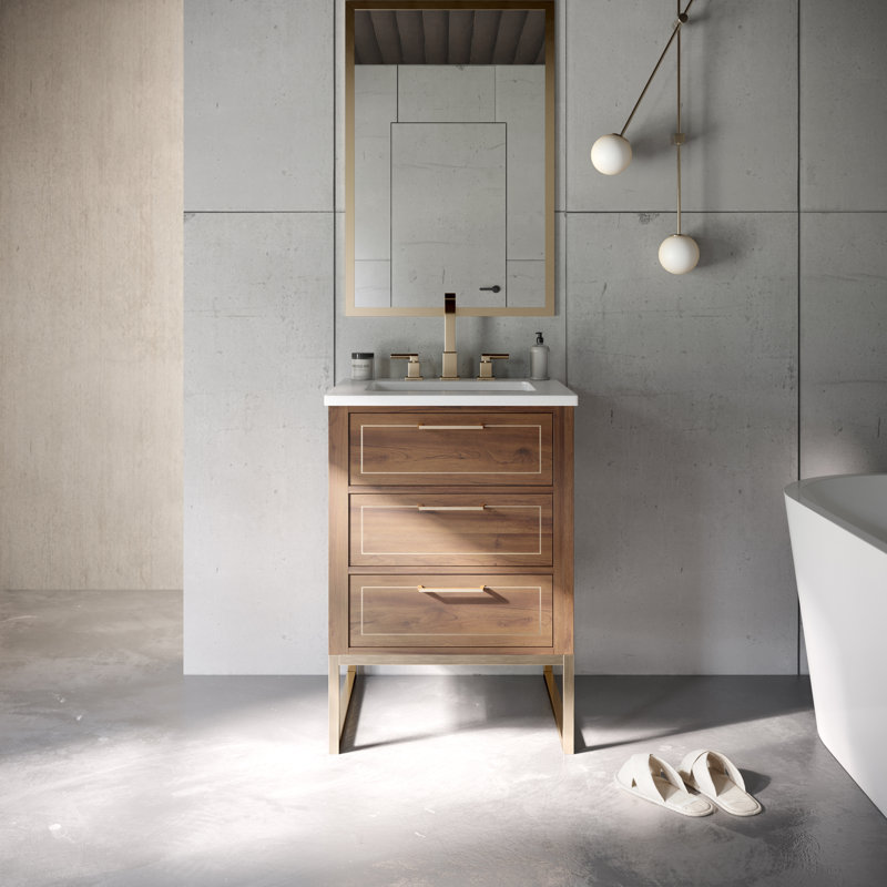 Markham 24'' W Single Vanity, White Quartz, Satin Brass, Walnut