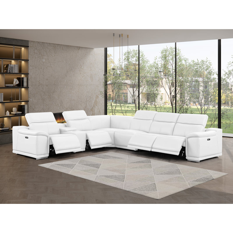 7-Piece L-Shaped Power Reclining Sectional In Genuine Leather – 4 Recliners, White Top Grain Leather
