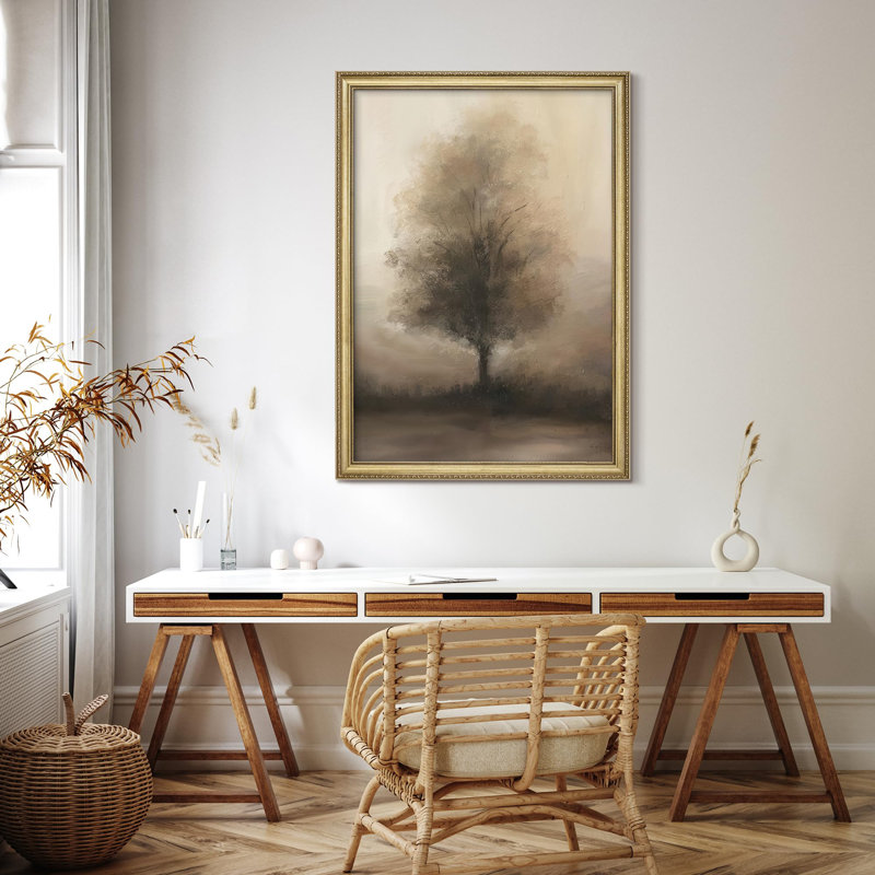 "Arbre serein dans une brume apaisante, paysage naturel rustique, décoration murale encadrée or", Non