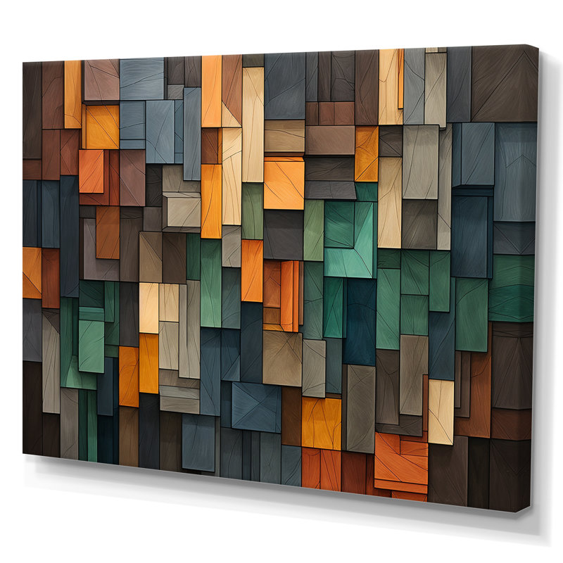 Green And Yellow Mosaic Cubes Rain - Abstract Tile Wall Art, Wrapped Canvas, 12" H x 20" W x 1" D