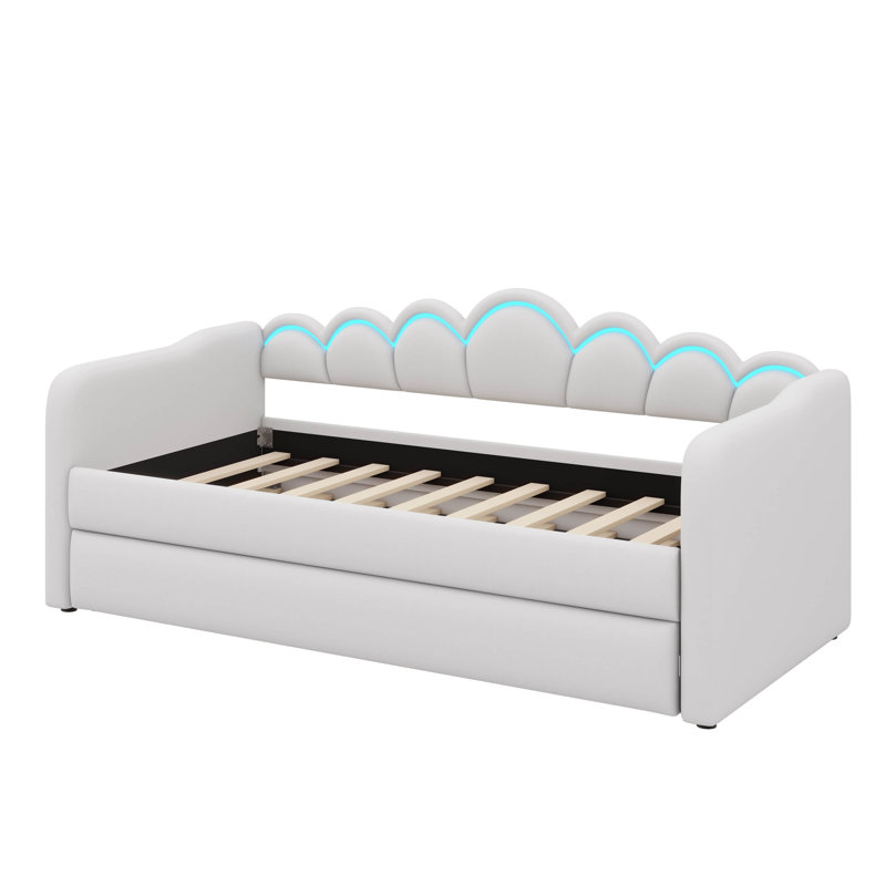 Twin XL Size Cushioned Daybed With Trundle And LED Light, Trundle Adjustable To Horizontal Or Vertical Position, White