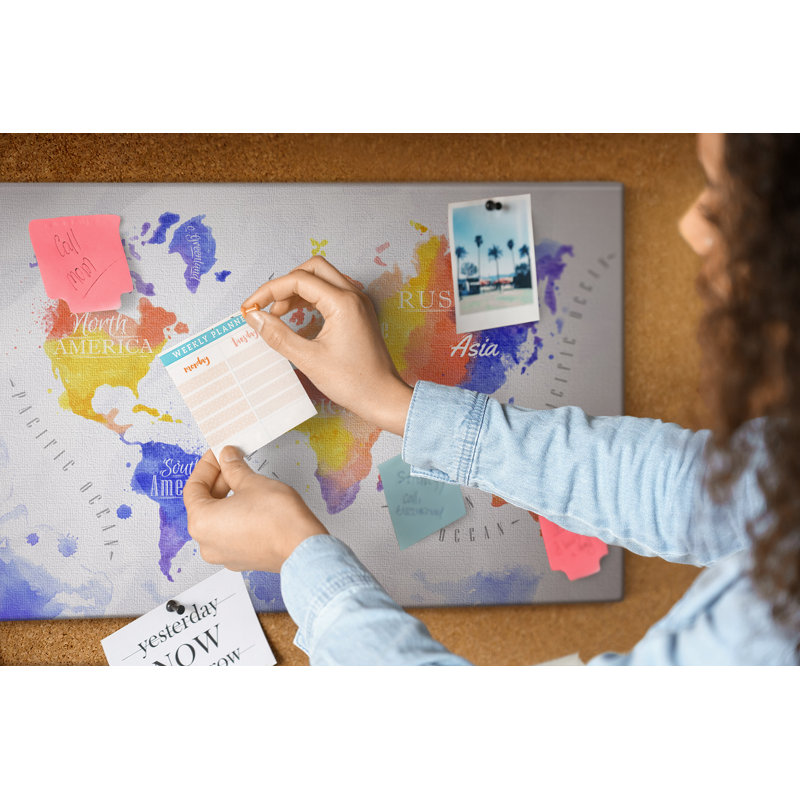 Wall Mounted cork board with print wall art notice boards home office bulletin board ideas Watercolor world map
