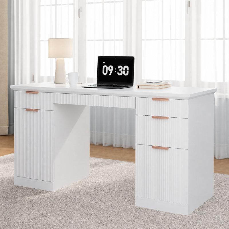 Bureau cannelé moderne avec rangement Ato, Blanc