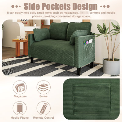 Velours côtelé avec assise confortable, poche de rangement latérale, structure en bois massif, rembourrage à haute résilience, convient à un appartement, texture simple de la peau à 2 places, éponge rebond, rangement, facile à
