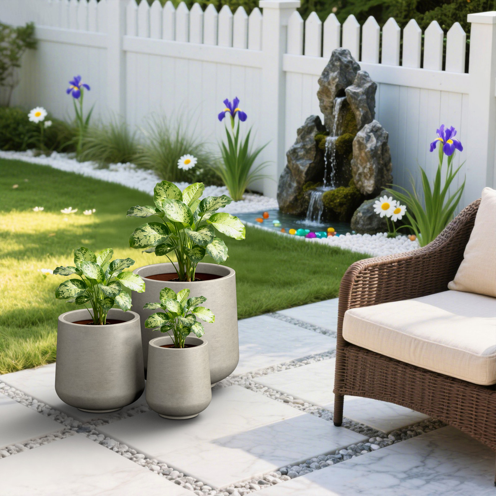Tali 3 Piece Round Concrete Planter, Outdoor Indoor Large Planter Pots Containers with Drainage Holes for Set, Stone Gray
