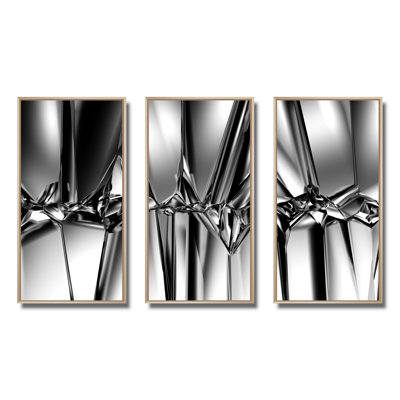 Black White Crystal Background - Abstract Framed Canvas Wall Art Set Of 3