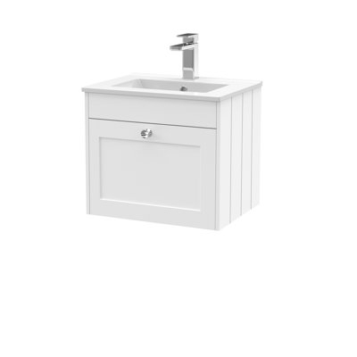 Old London Ashwick Satin White 500mm Wall Hung 1-Drawer Unit With Minimalist Basin