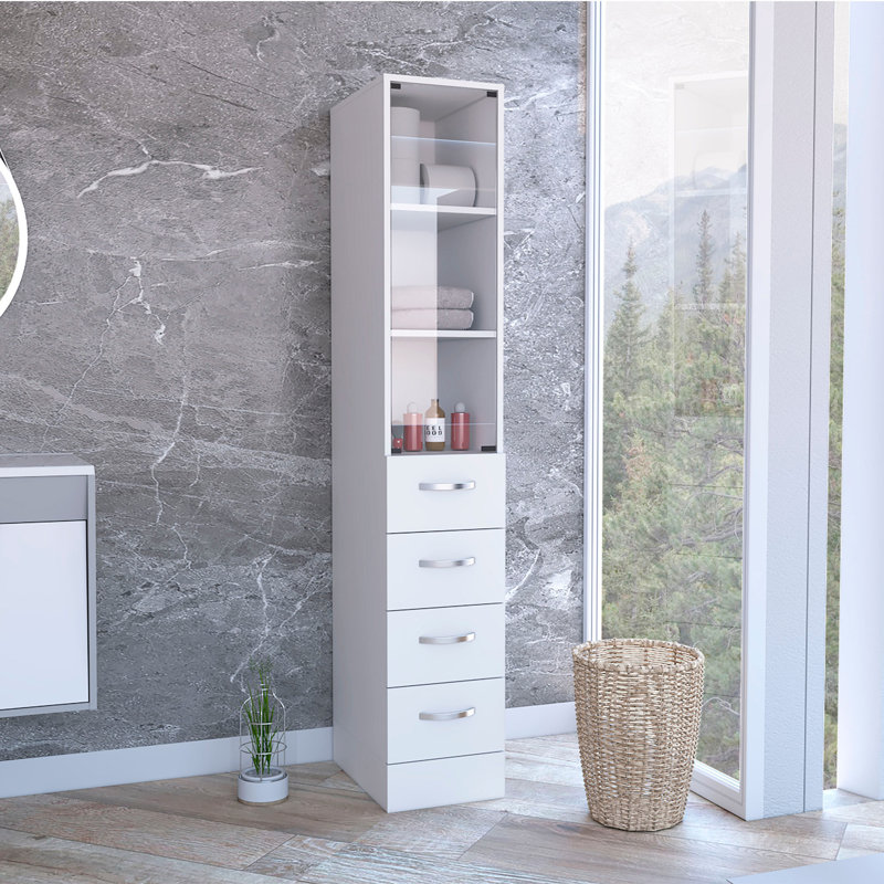 Linen Cabinet 68" H, Three Shelves, Four Drawers And Metal Handles, White, White