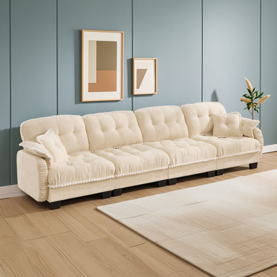 4-Seater Modular Sofa with Pillow Top Arms, Tufted Cushions, Pom-Pom Trim and Deep Ergonomic Seating for Living Room