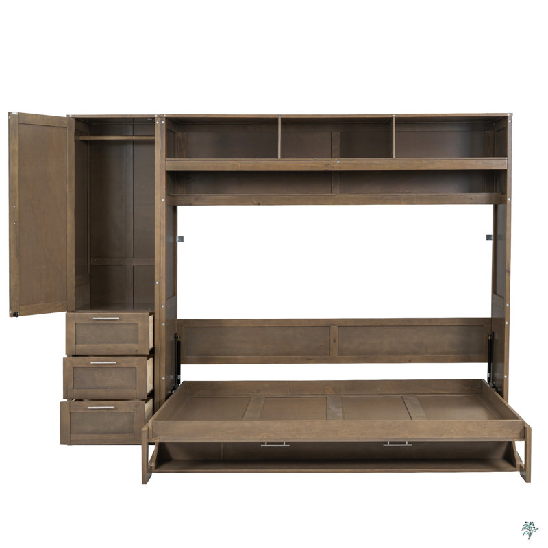 Lit escamotable double avec garde-robe, tiroirs et tablettes ouvertes