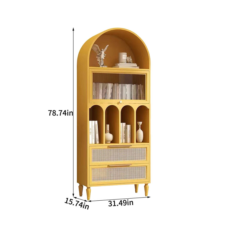 Bibliothèque moderne en bois et rotin simple, Jaune