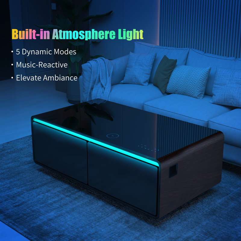 Brown High Gloss Smart Coffee Table with Built-in Fridge and Bluetooth Speakers